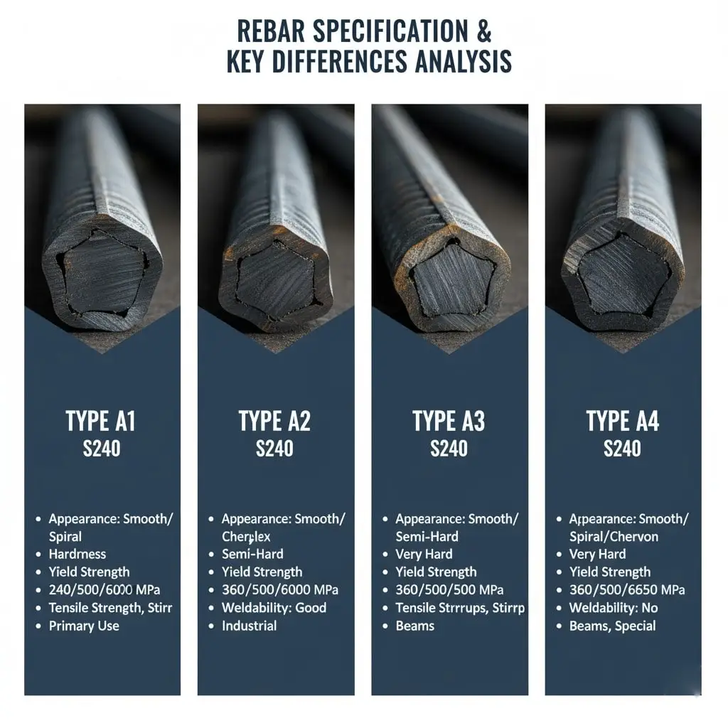 مقایسه انواع آج میلگرد فولادی کربنی - از A1 ساده تا A4 آجدار مرکب - تفاوت سطح مقطع و چسبندگی با بتن